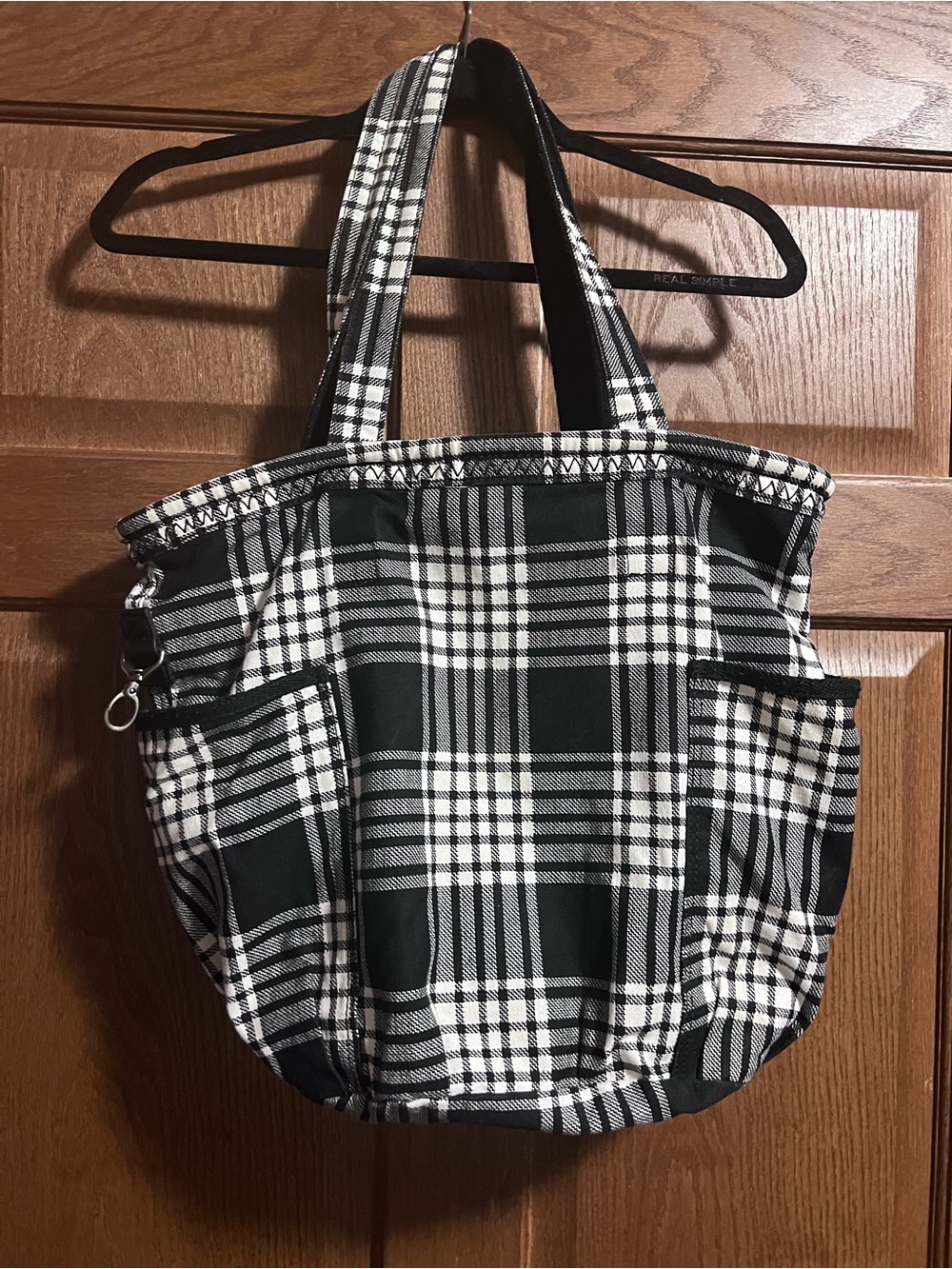 thirty-one Black and White Plaid Tote with Exterior Pockets